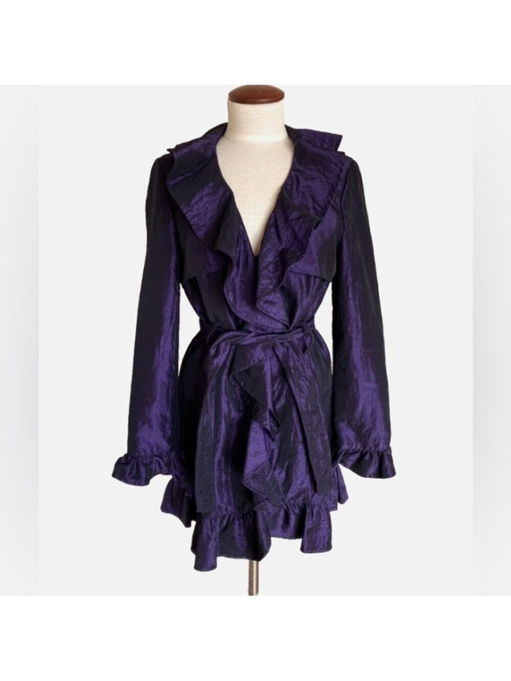 Vintage 90s Joseph Ribkoff Purple Crushed Satin Ruffle Trim Jacket Belted Sz 6 - Picture 2 of 12